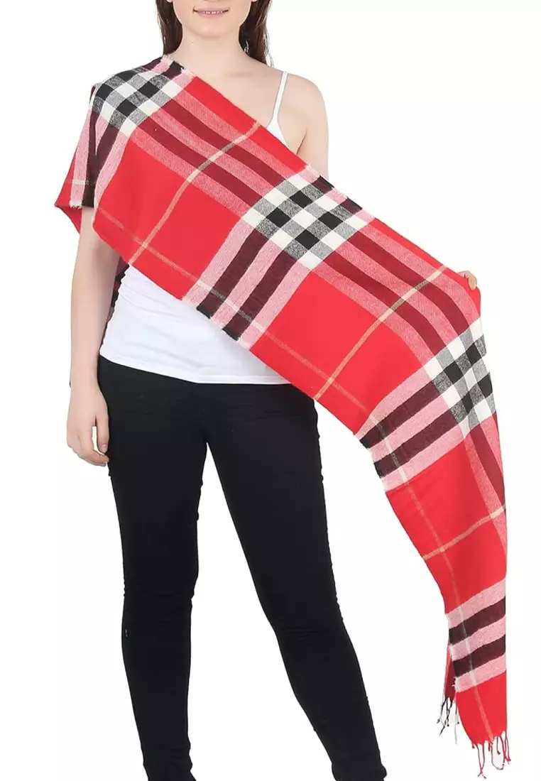 Aksesoris Wanita Checkered Acrylic Muffler Shawl Syal Wanita Red & Multi 