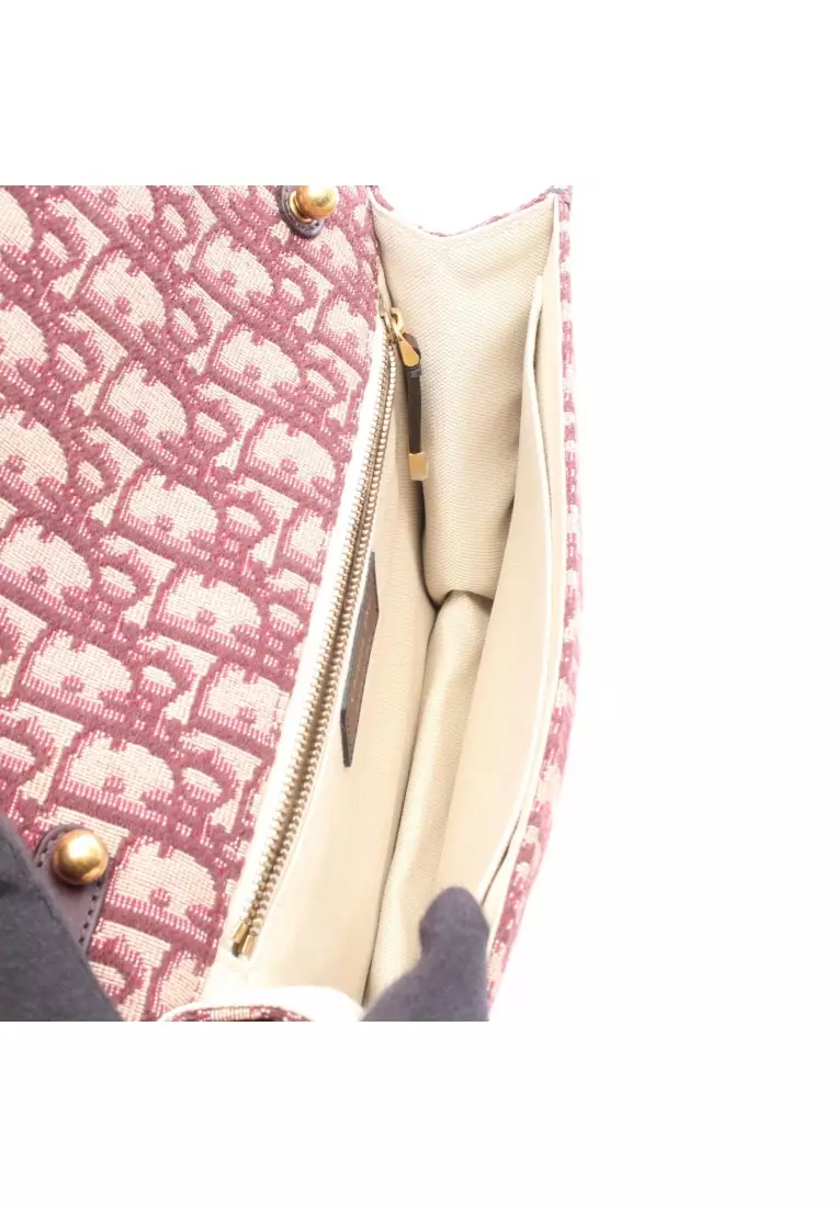 Pre-Loved Christian Dior Addict oblique Shoulder bag canvas leather Bordeaux beige