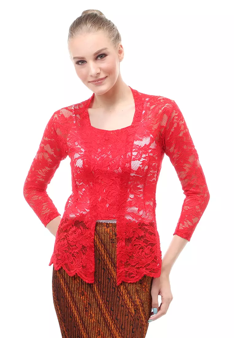 Hara Kebaya Seri 2 Motif Brokat Long Sleeves Atasan Wanita Transparan Premium Quality - Merah
