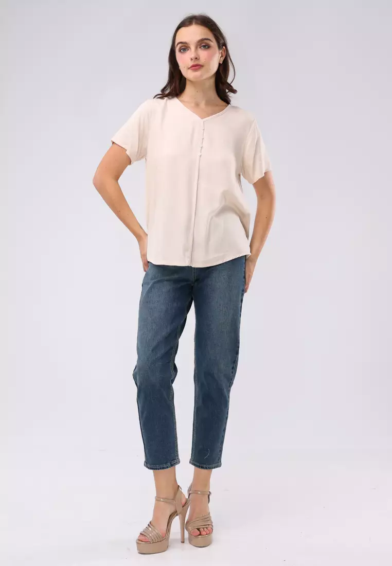 Plain Single Bold Twill Short Sleeves Blouse