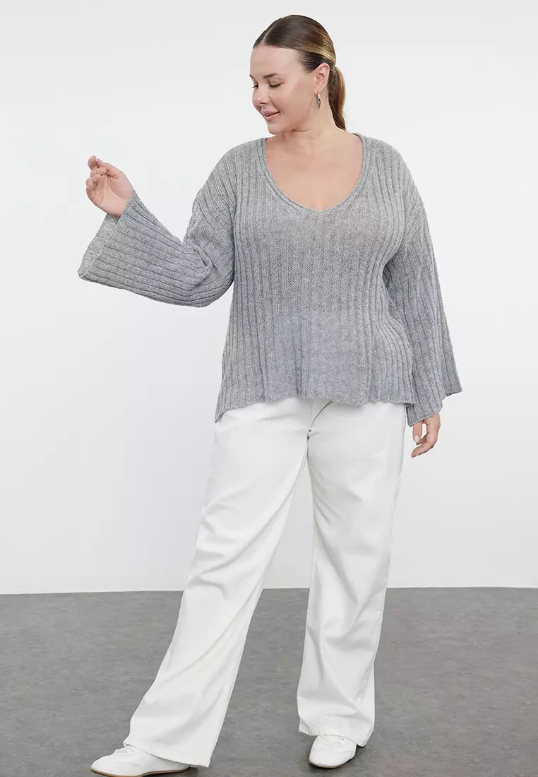 Gray V-Neck Ribbed Knitwear Sweater Tbbaw25An00023