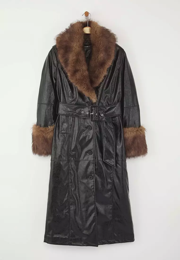 Special Collection Black Faux Leather Fur Detailed Mono Closure Oversize Long Coat