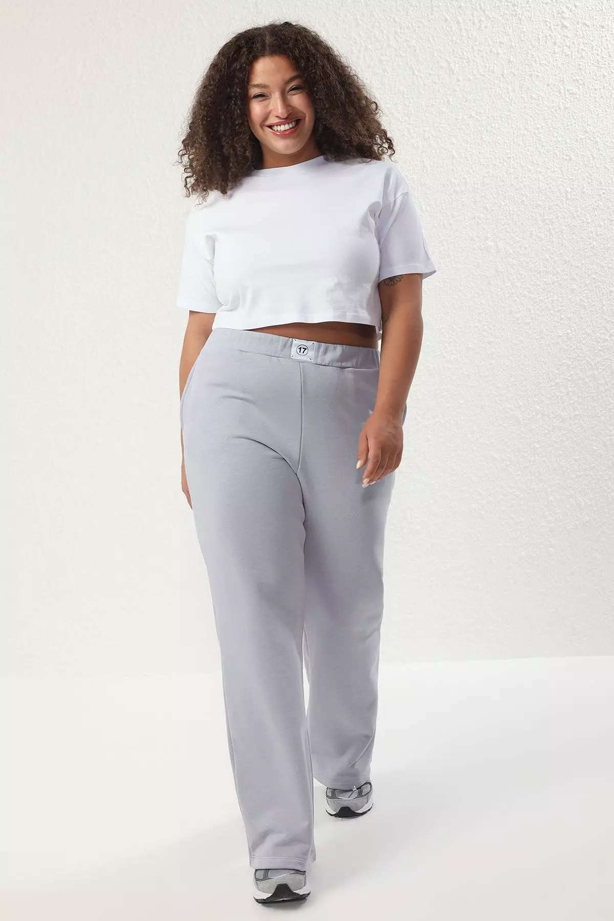 Buy Trendyol Grey Wide Leg High Waist Label Detailed Knit Plus