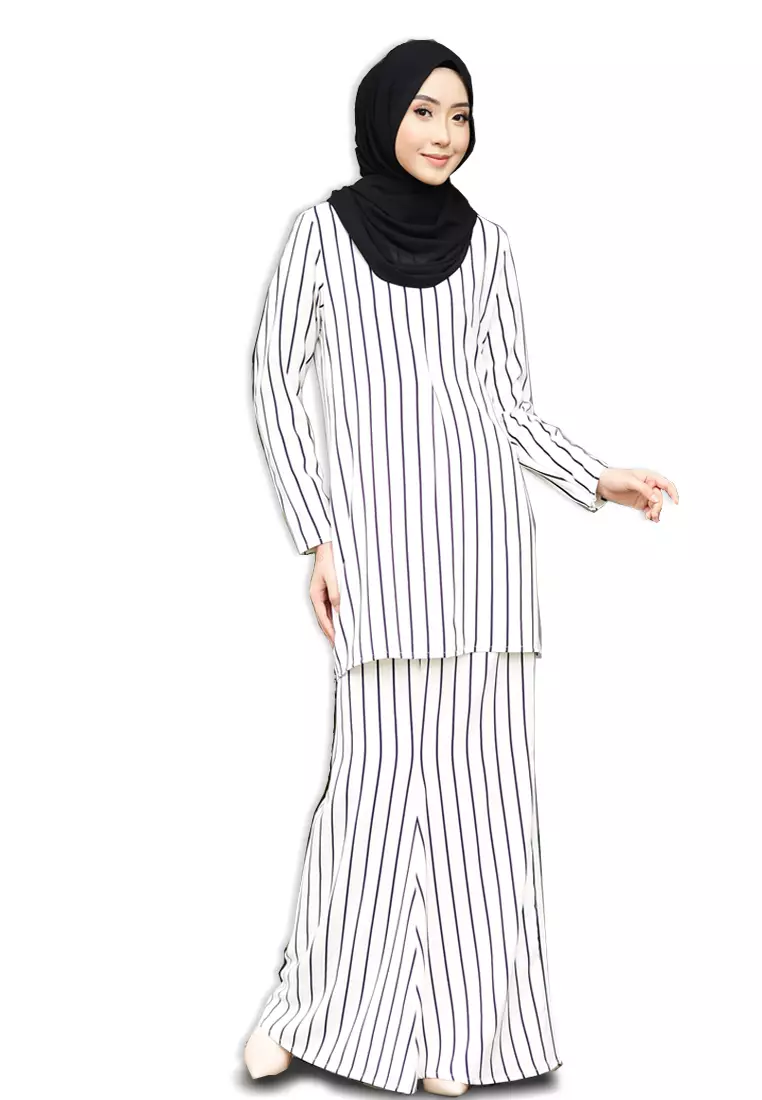 Rina Stripe Printed Kurung White Black