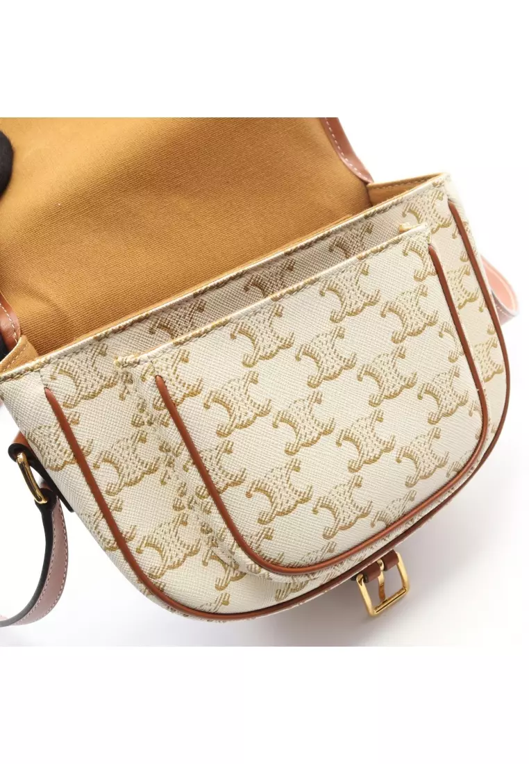 Pre-Loved Celine Folco medium bag Triomphe Shoulder bag PVC leather white Brown