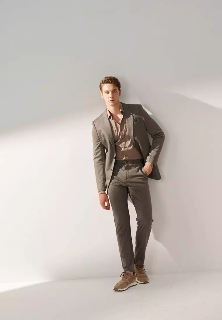 Hazelnut Brown Houndstooth Slim Stretch Jersey Blazer