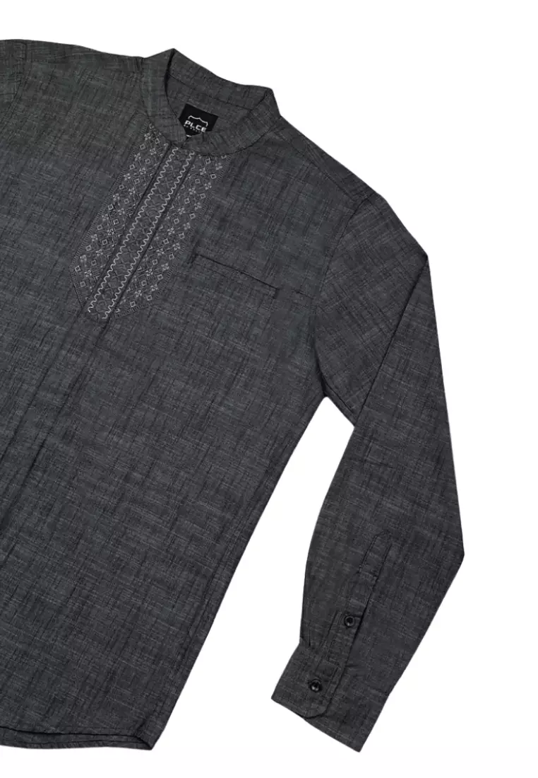 POLICE Kemeja Koko Bordir Cotton Slub Regular Fit Lengan Panjang Pria