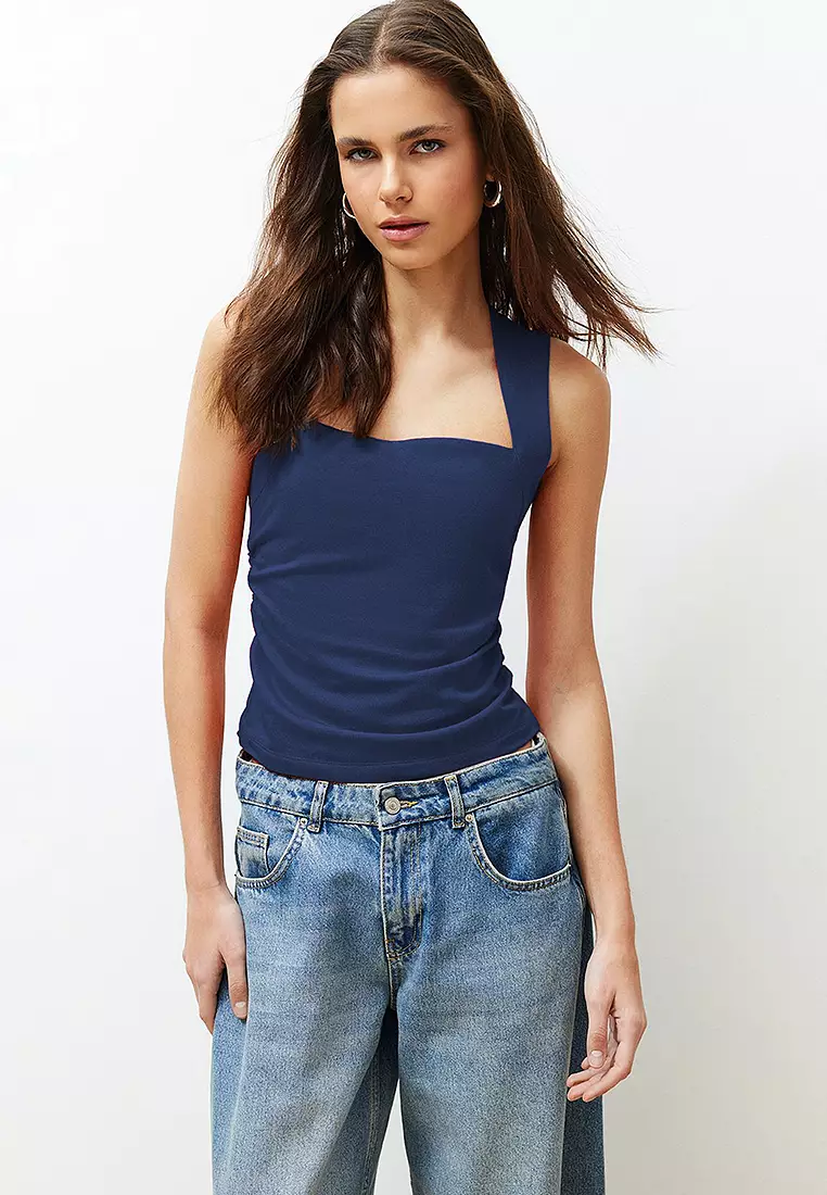 Indigo Plain Square Neck Strappy Gathered Fitted Flexible Knitted Blouse