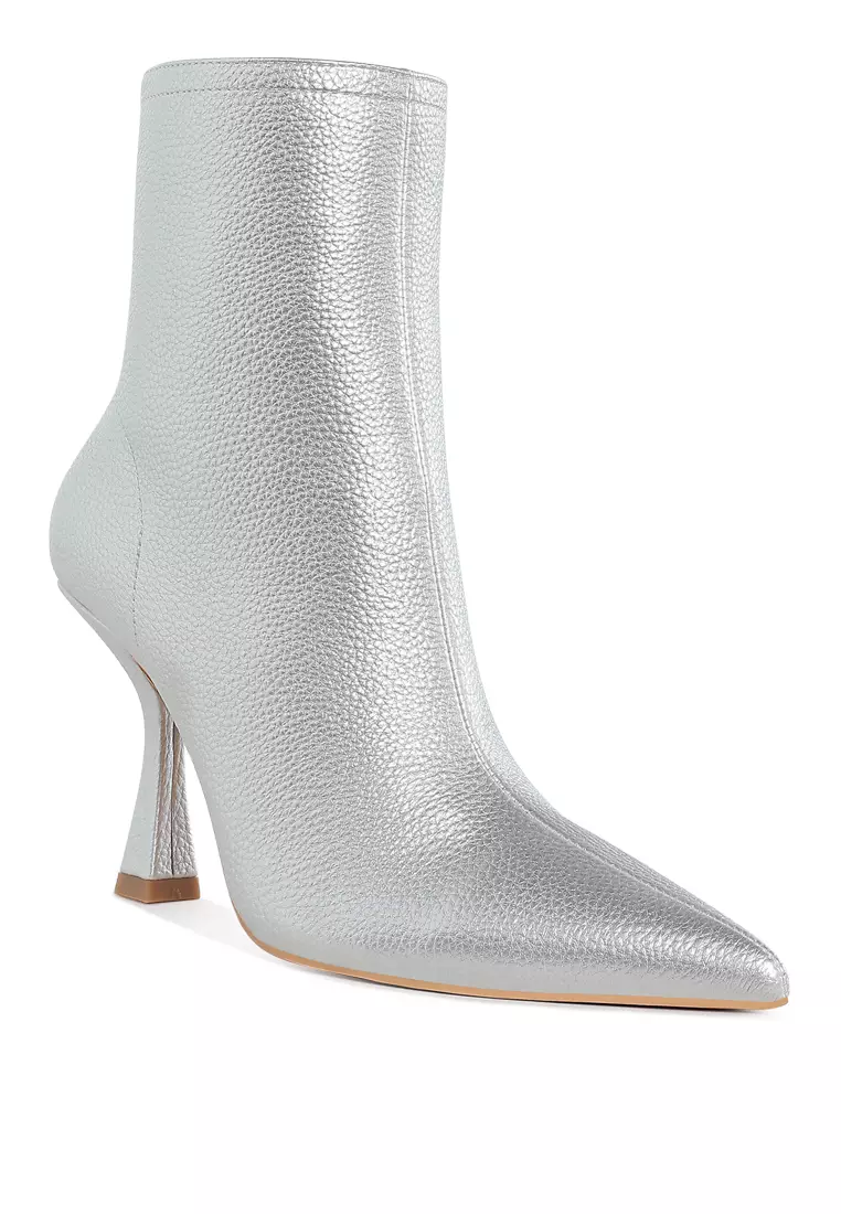 Metallic Pointed Toe Ankle Boots in Silver