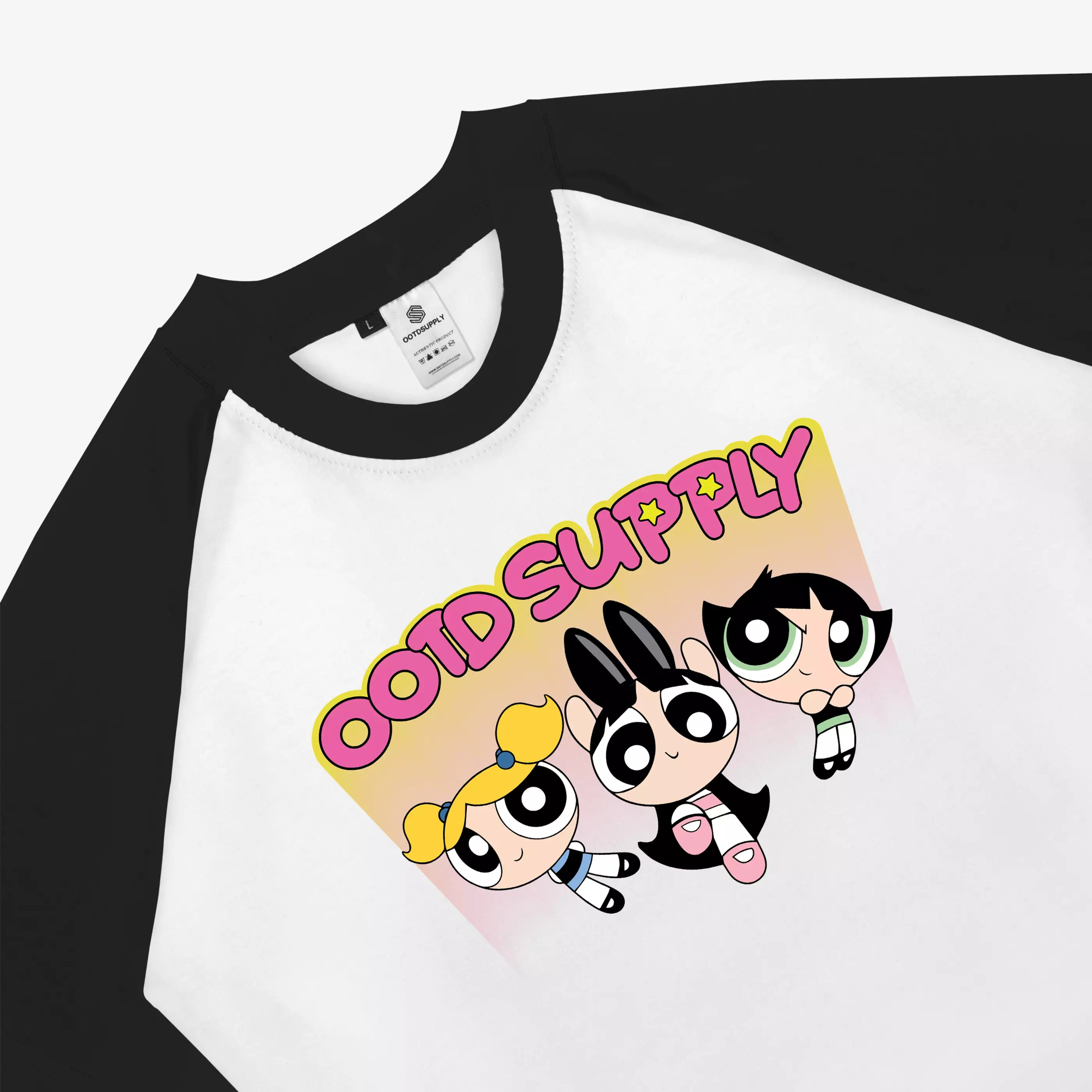 OOTDSUPPLY Croptee Fit Power Puff Raglan Black & Dusty Pink | Croptee Slimfit Wanita CSF006