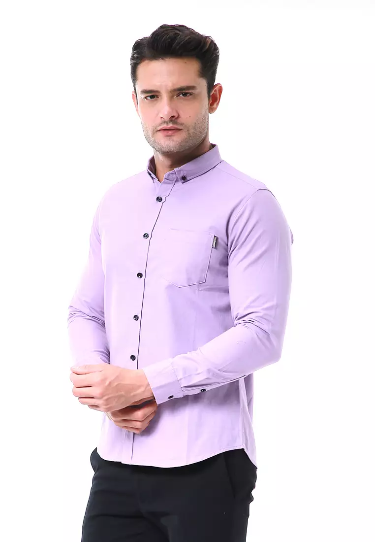 Leopold Kemeja Basic Pria Motif Polos Long Sleeve Material Cotton ORIGINAL - Lilac