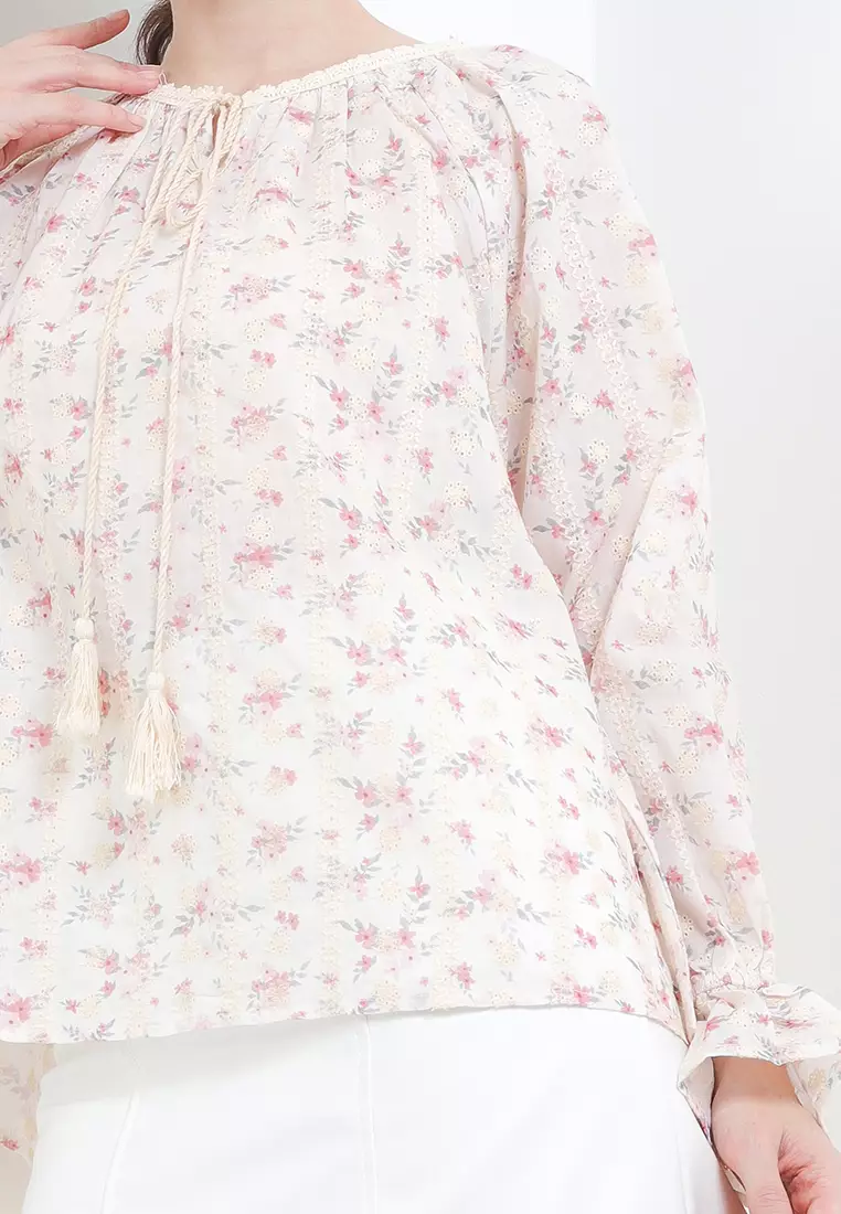 Tassel Detail Emb Flo Print Blouse