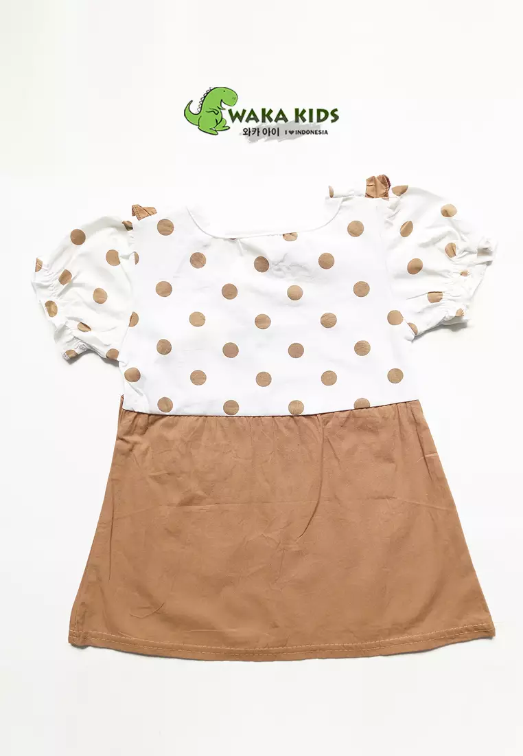 Wakakids Dress Bayi Anak Perempuan Lengan Pendek Katun Polkadot Lucky Bear 4487 Venrc Akula Kuning