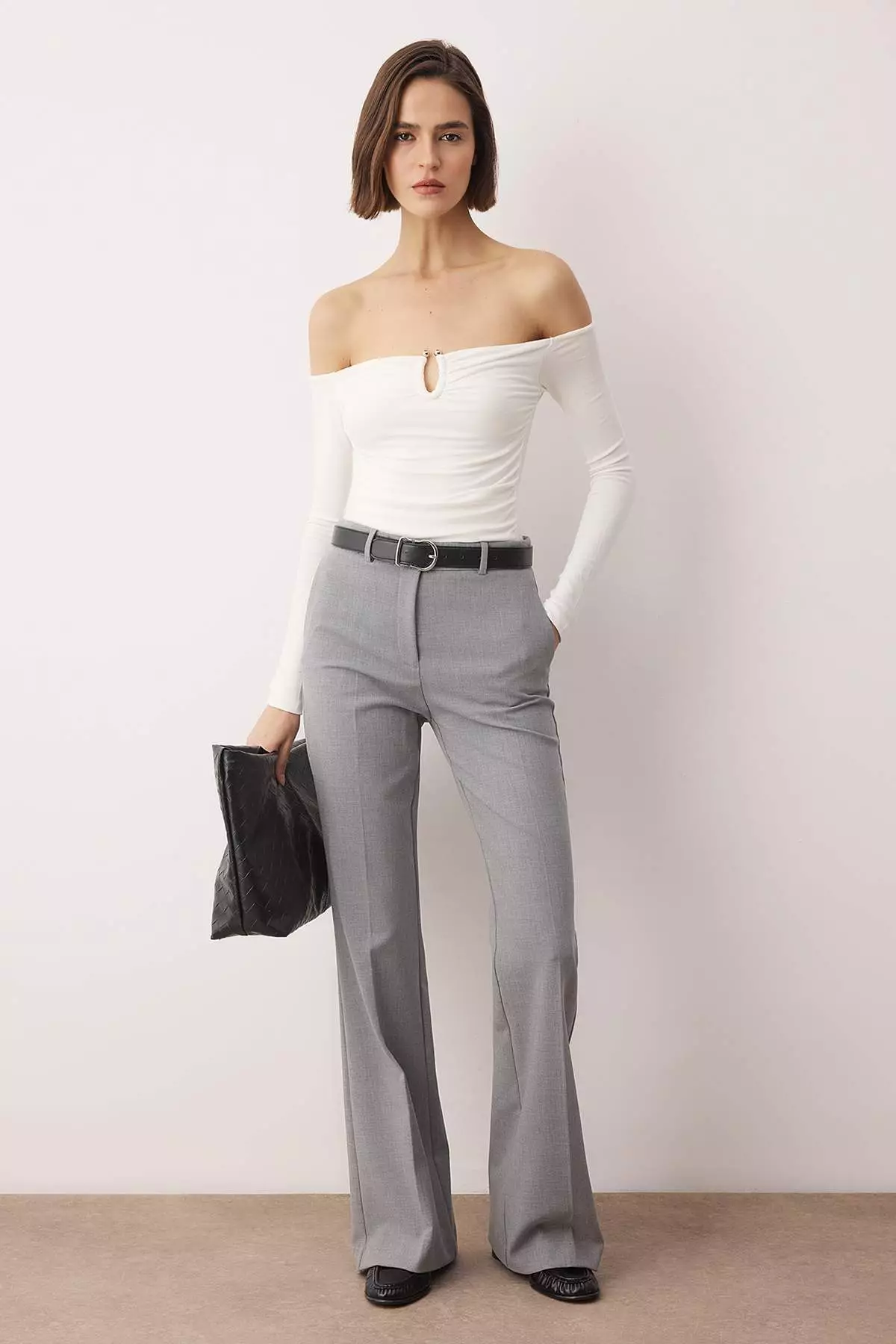 Ecru Fitted/Bodycon Accessory Detailed Stretchy Knitted Blouse Twoaw26Bz00356