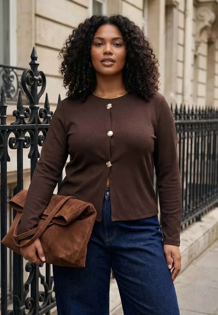 Brown Accessory Buttoned Long Sleeve Ribbed Knitted Plus Size Blouse Tbbaw26Af00078