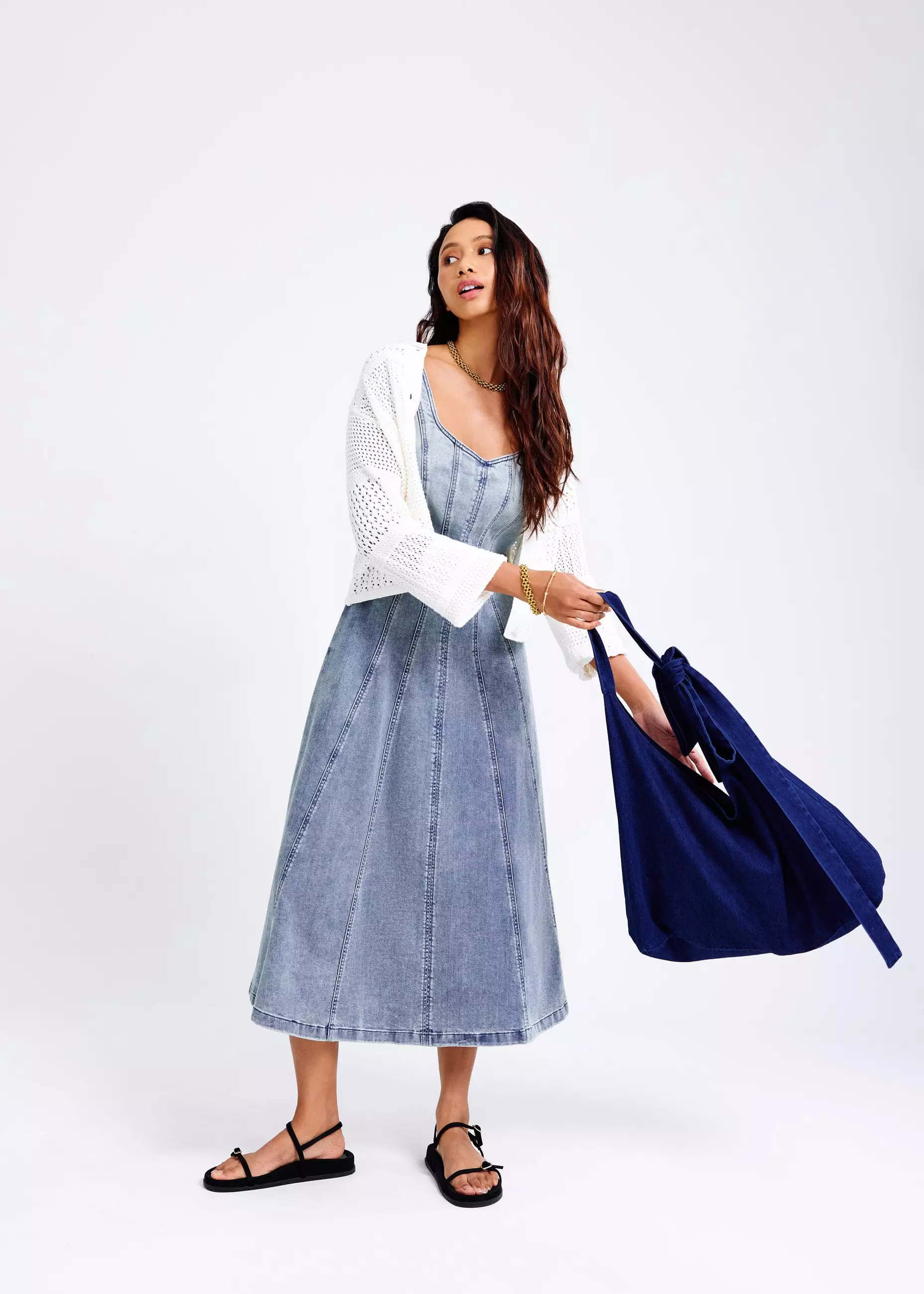 Dress Wanita - Denim Panelled Sweetheart Midi Dress