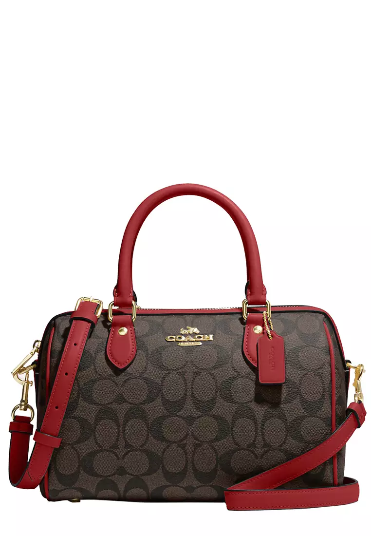 Coach C1554 Rowan Medium Signature Coated Canvas Leather File Bag Crossbody  Handbag (Brown/Red) 