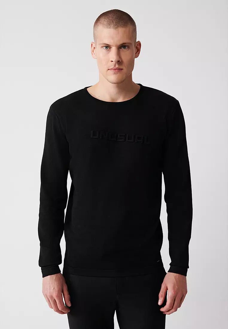 Men's Black Crew Neck Printed Rayon Knitwear Sweater A32Y5033