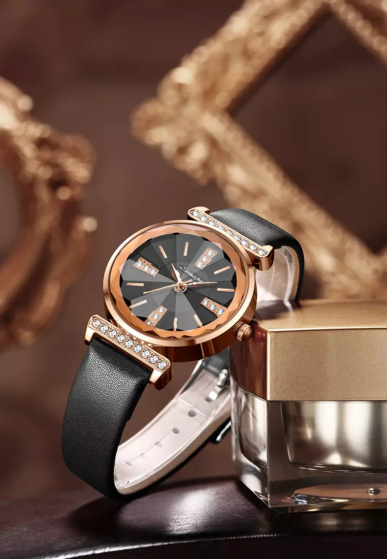 Jam Tangan Wanita Berlian Anggun Gaya Antik Tali Kulit Original Jam Tangan Cewek 8008 allblack