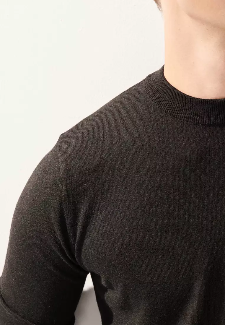Black Mock Neck Wool Blend Knitted Sweater