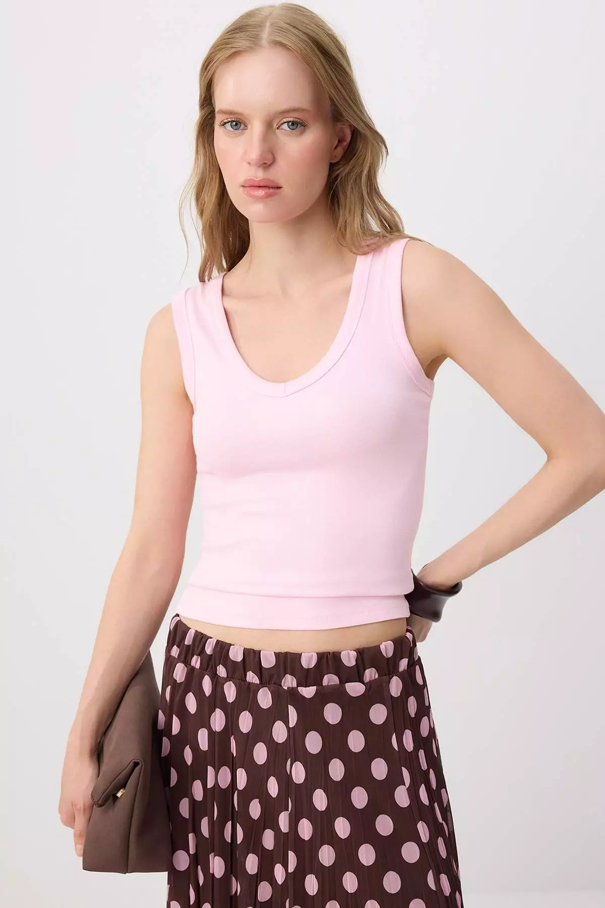 Pink Fitted/Sleeveless Stretchy Knitted Tank Top Twoss25Al00022