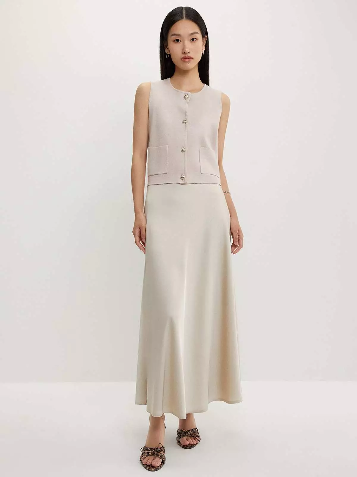 Sleeveless Button Up Top - Beige