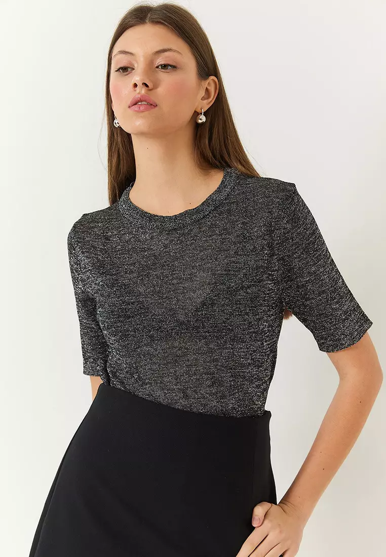 Women's Crew Neck Self-Shiny Short Sleeve T-Shirt 60261443