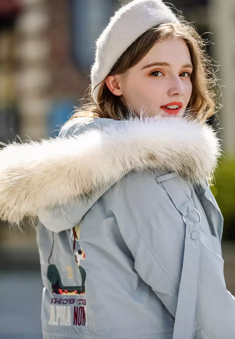 Fashion Embroidered Hooded Down Jacket removable Fur Collar