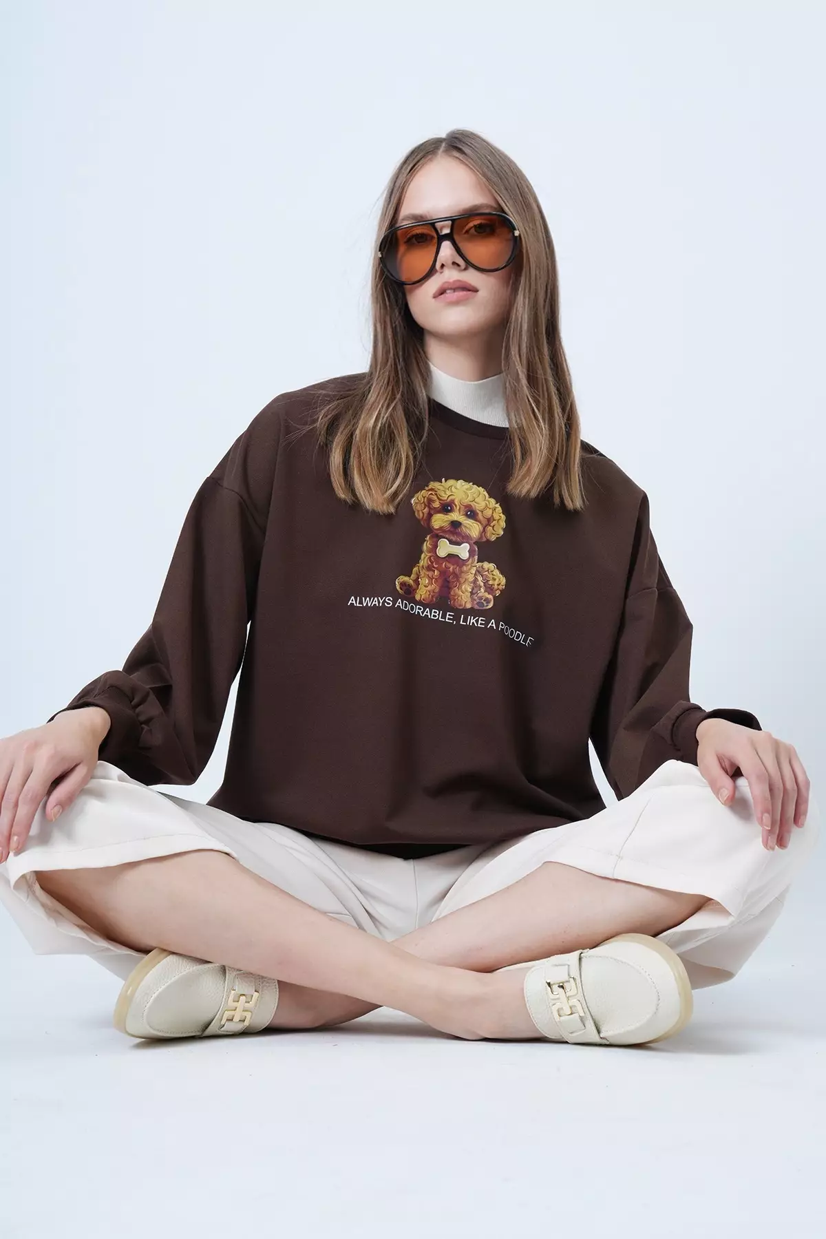 Women'S Brown Front Printed Oversize Cotton Sweatshirt Alc-X14651