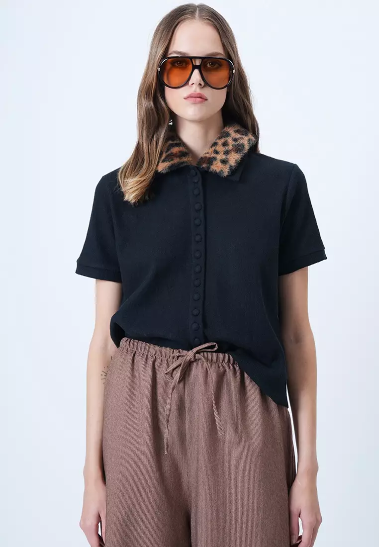 Leopard Detachable Fur Detailed Knitted Blouse