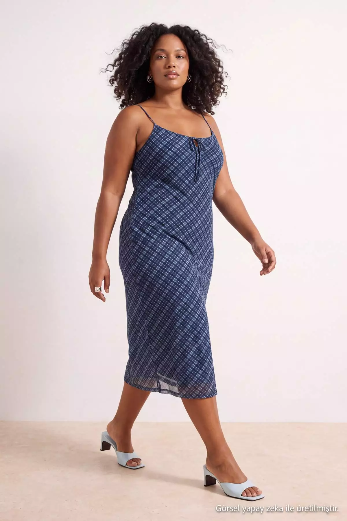 Teen Blue Lacing Detailed Plaid Pack Tulle Maxi Stretchy Knitted Plus Size Dress