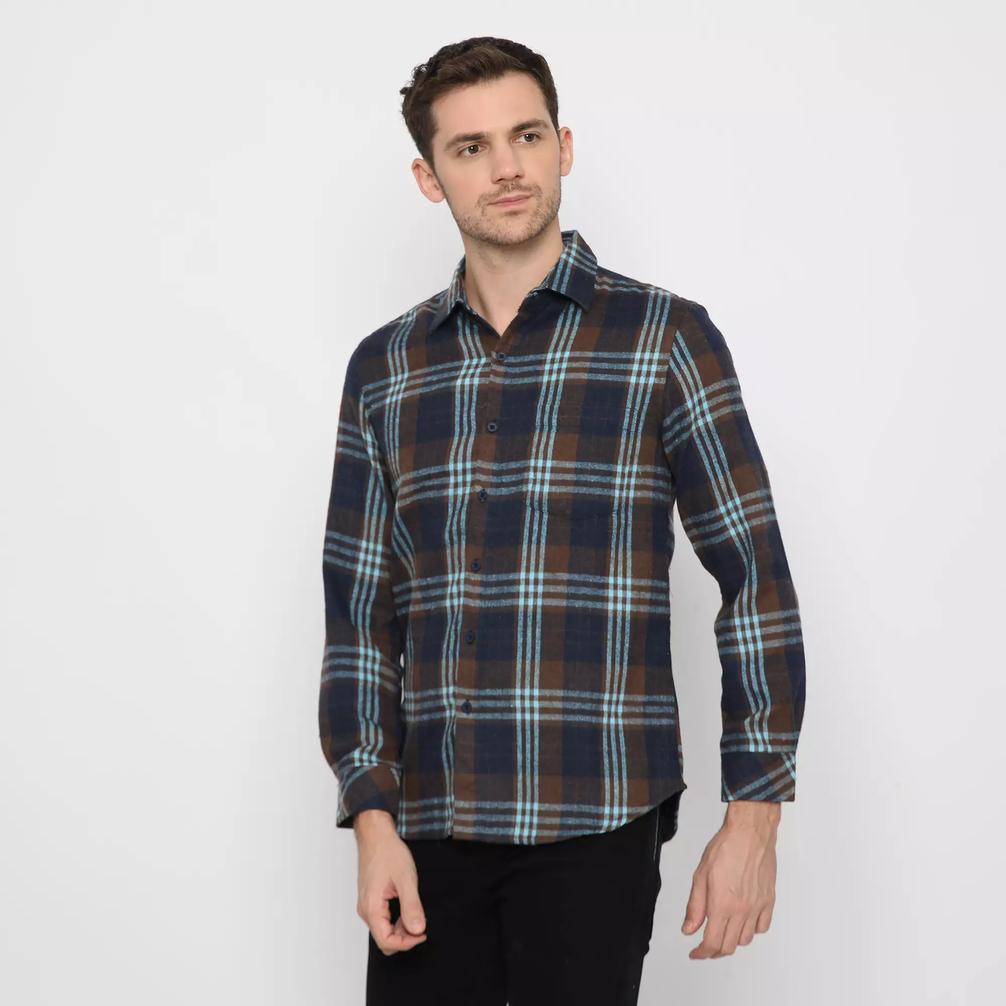 Platini Kemeja Pria Flanel Panjang Hitam Biru 76304