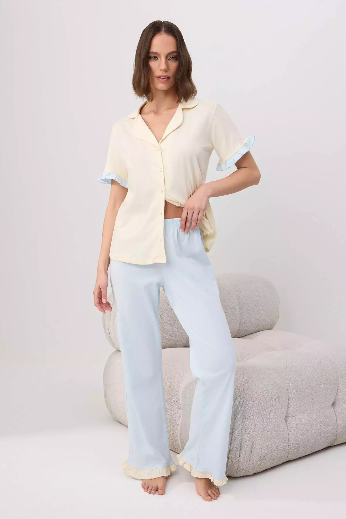 Ecru-Blue 100% Cotton Ruffle Detailed Knitted Pajama Set Thmss24Pt00223