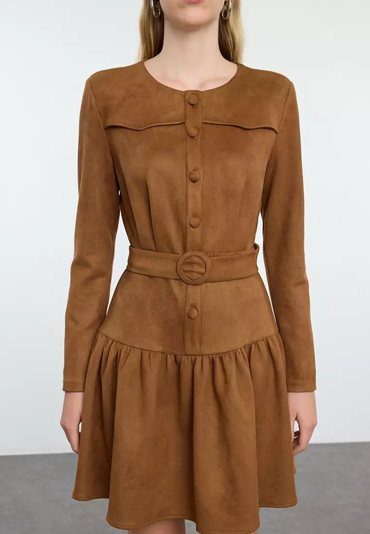 Tan Skater/Waist Open Pleated Skirt Suede Mini Woven Dress TWOAW25EL00252