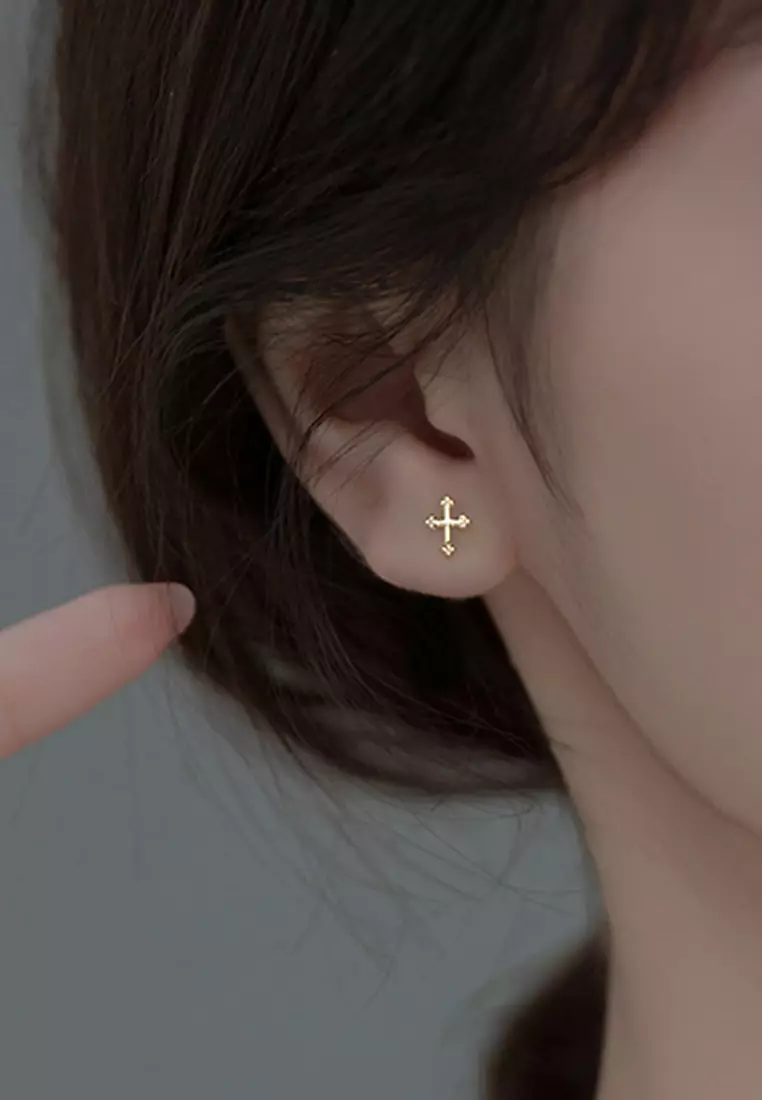 925 Silver Plated Gold Cross Earrings JW AR-M00222