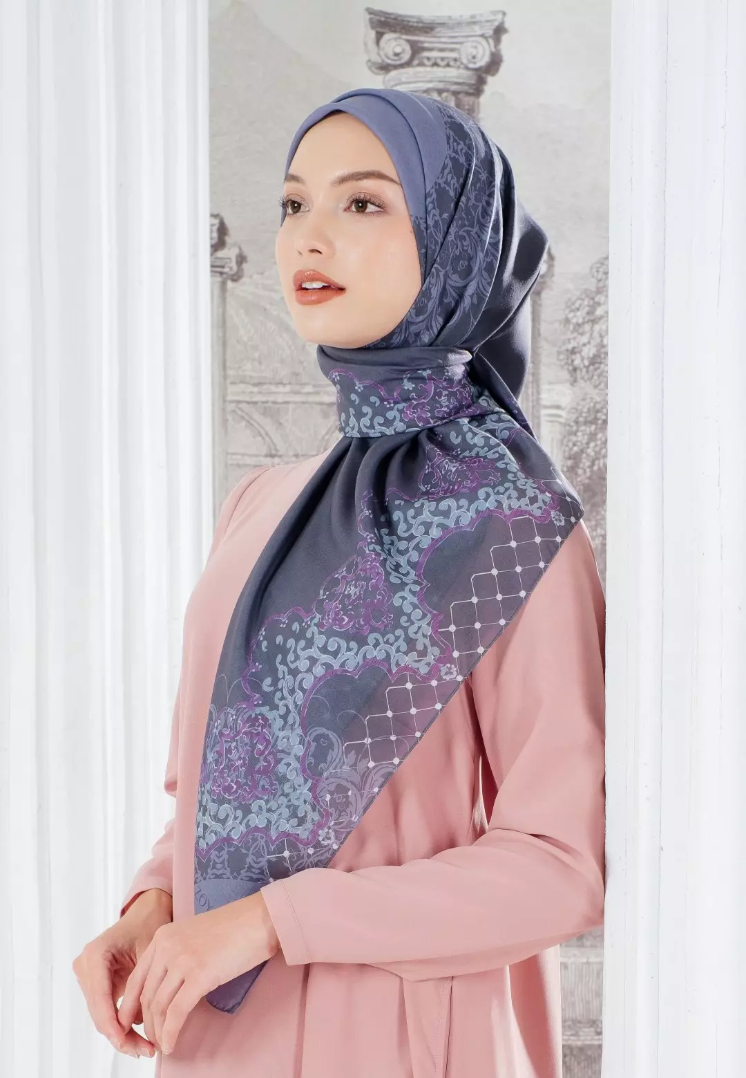 FUGY Scarf Purple - Kerudung Hijab Segiempat Motif With BOX - Bahan Voal Premium - Ukuran 115x115