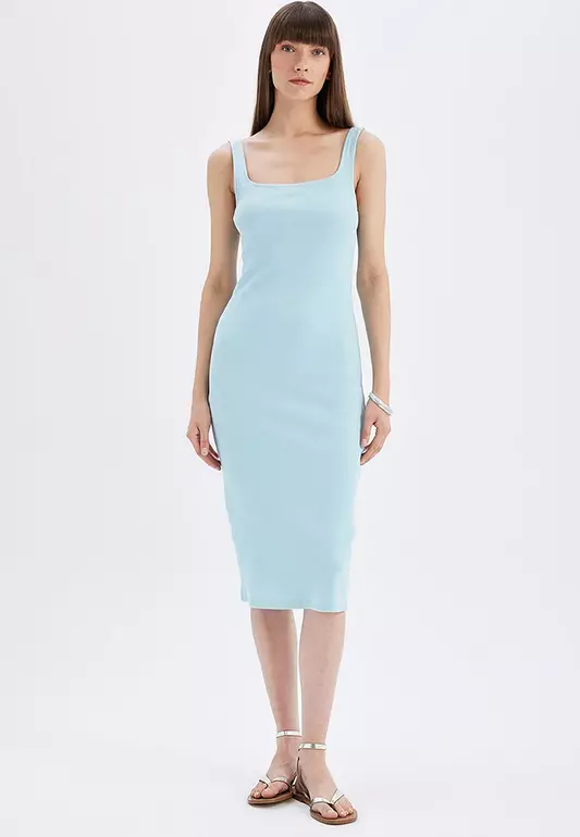Bodycon Fitted Basic Plain Square Neck Ribbed Camisole Sleeveless Midi Dress