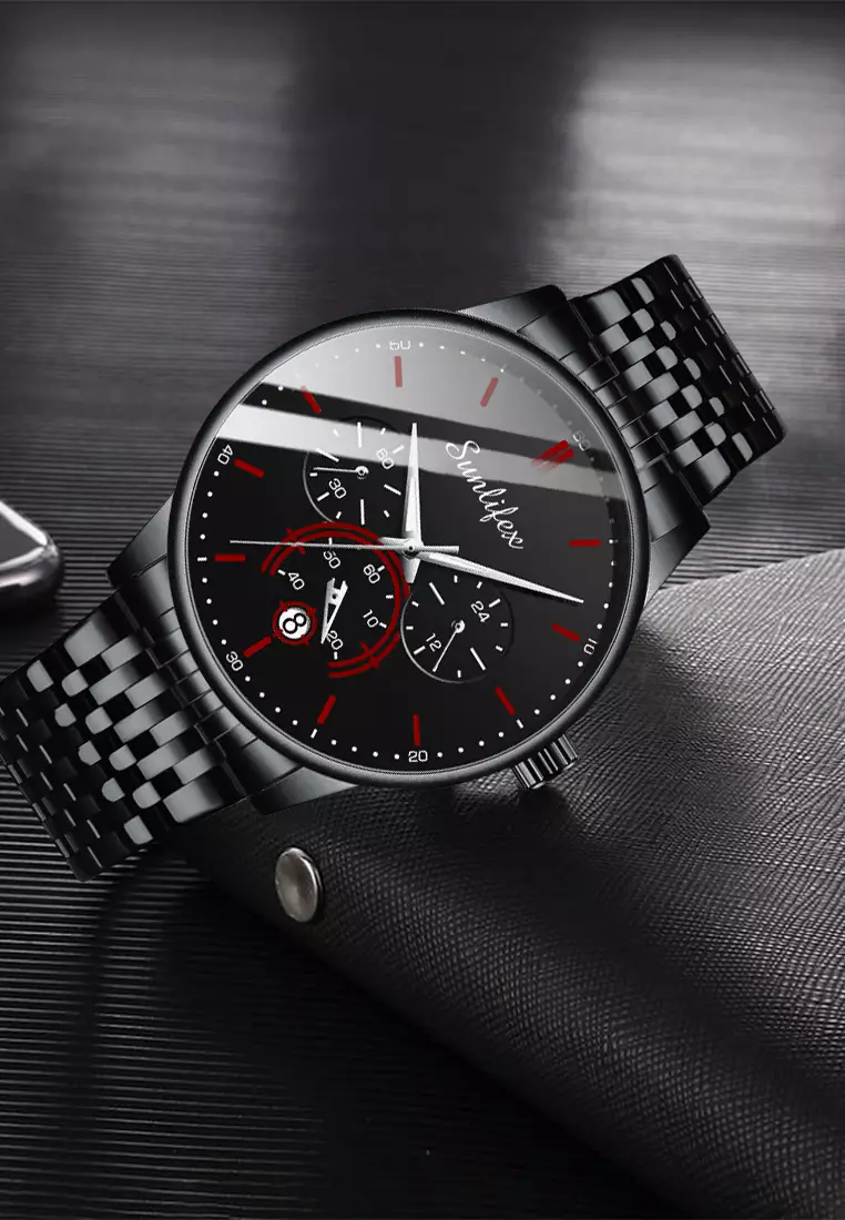 Jam Tangan Pria Original Bisnis Anti Air Kuarsa Jam Pria Calendar Tali Stainless Steel Jam Tangan Cowok 9007 black red