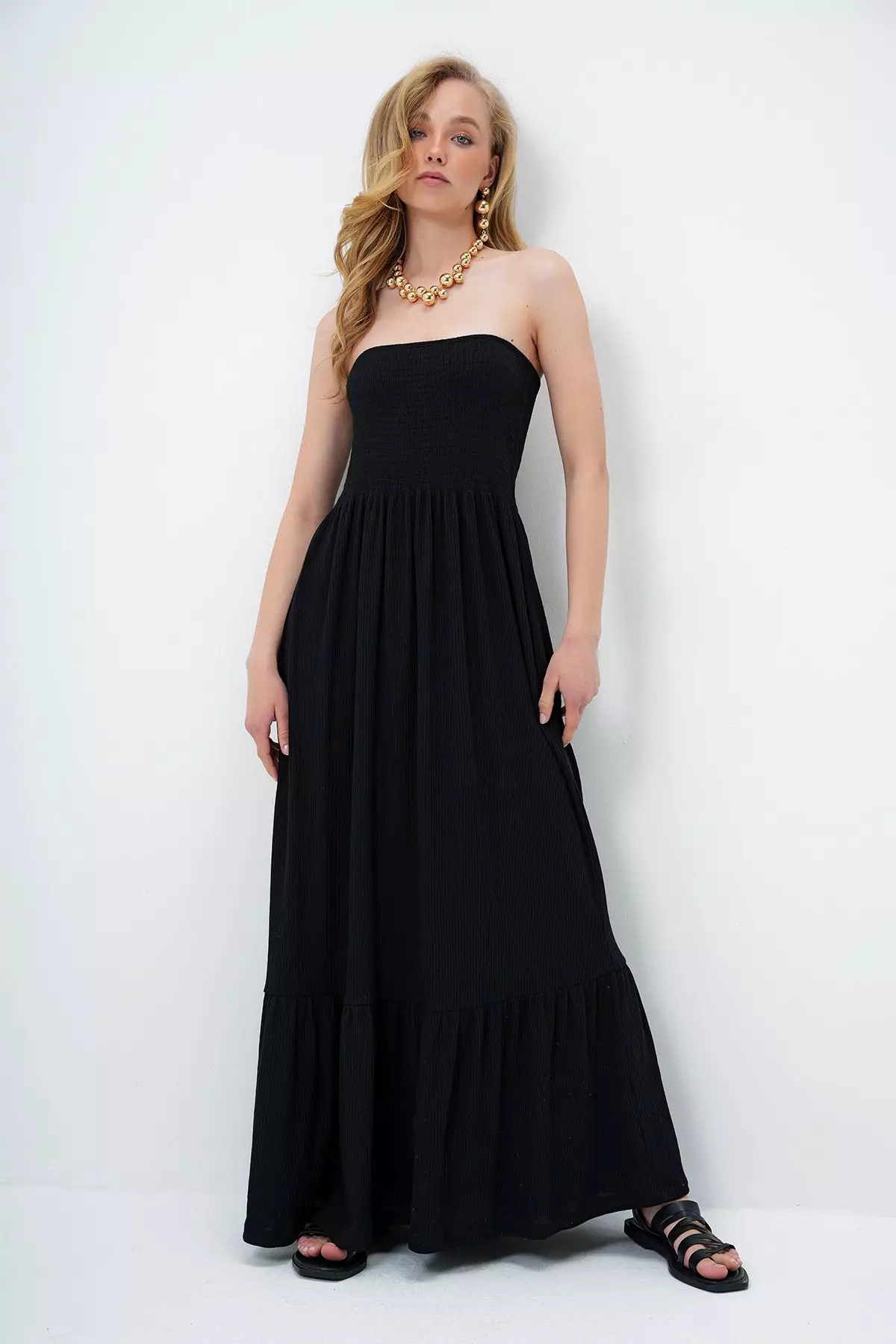 Women's Black Skirt Flounce Summer Long Strapless Dress Alc-X14127