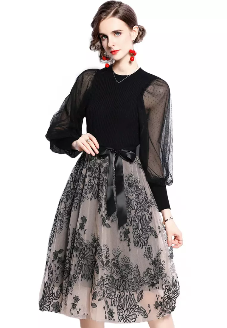 Retro Printed Net Yarn Stitching Knitwear One Piece Dress A21092831