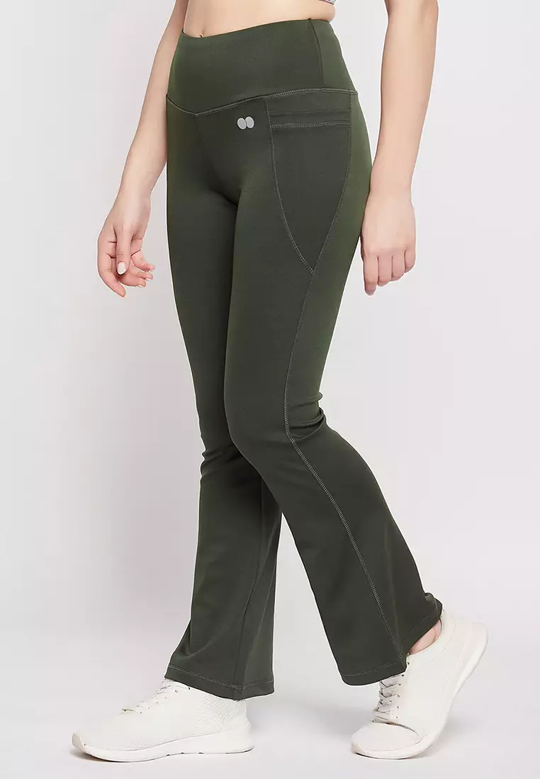 Clovia Comfort Fit High Rise Flared Yoga Pants in Dark Green with Side  Pockets