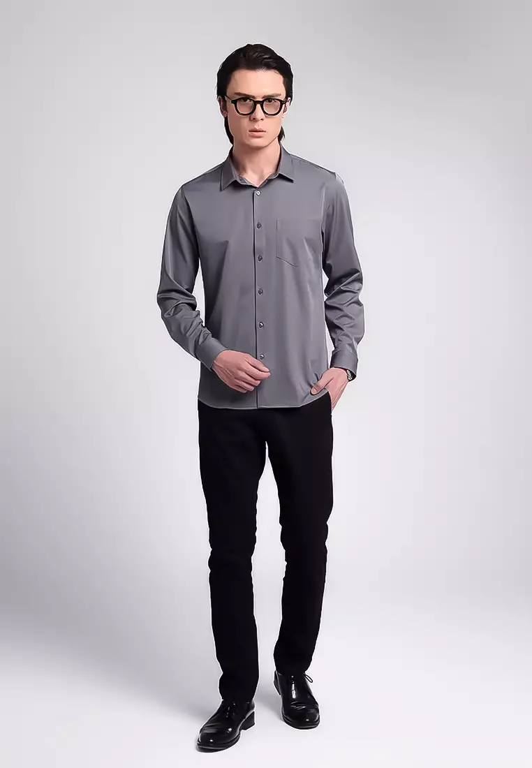 MANZONE -  Kemeja Lengan Panjang Pria Wilder 04 Slim Fit - Dark Grey Warna Grey_Dark