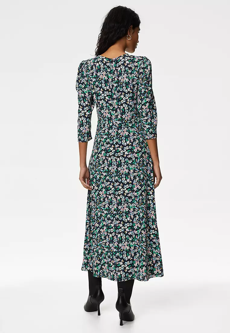 Floral Round Neck Midi Tea Dress