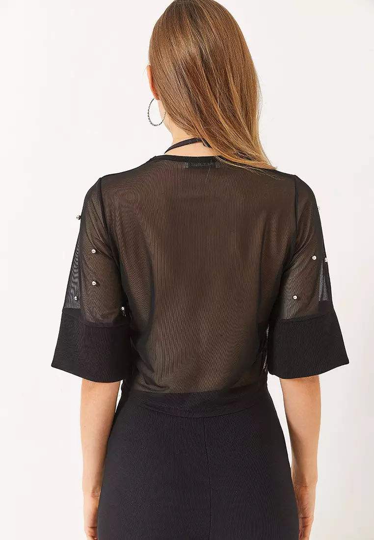 Women's Stone Printed Short Sleeve Crew Neck Transparent Blouse 60284020