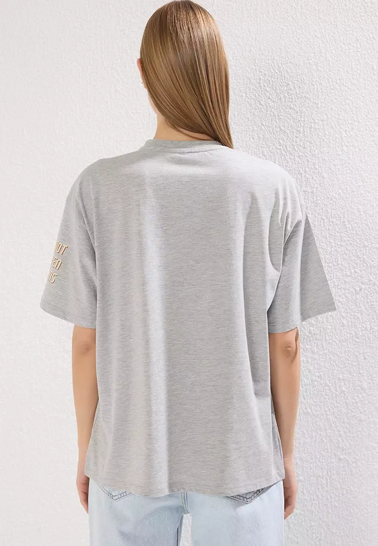 Grey Space Print Oversize/Wide Pattern Knitted T-Shirt