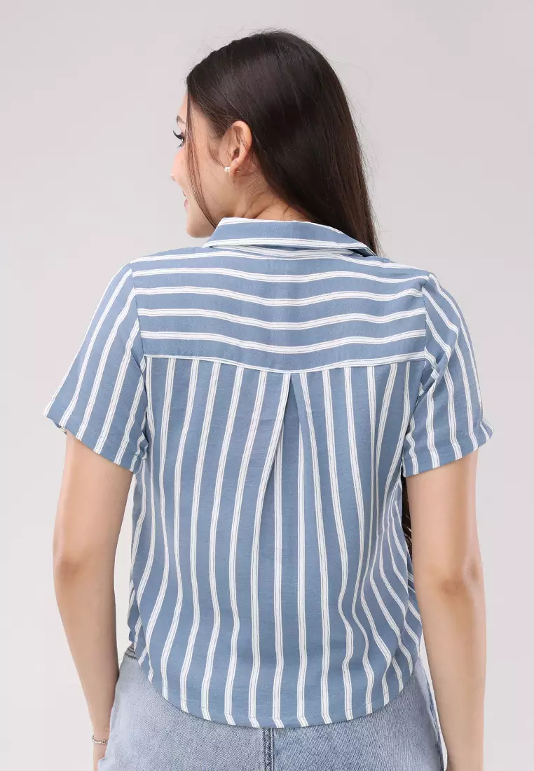 Crumpled Linen 3 Stripes Woven Short Sleeves Blouse