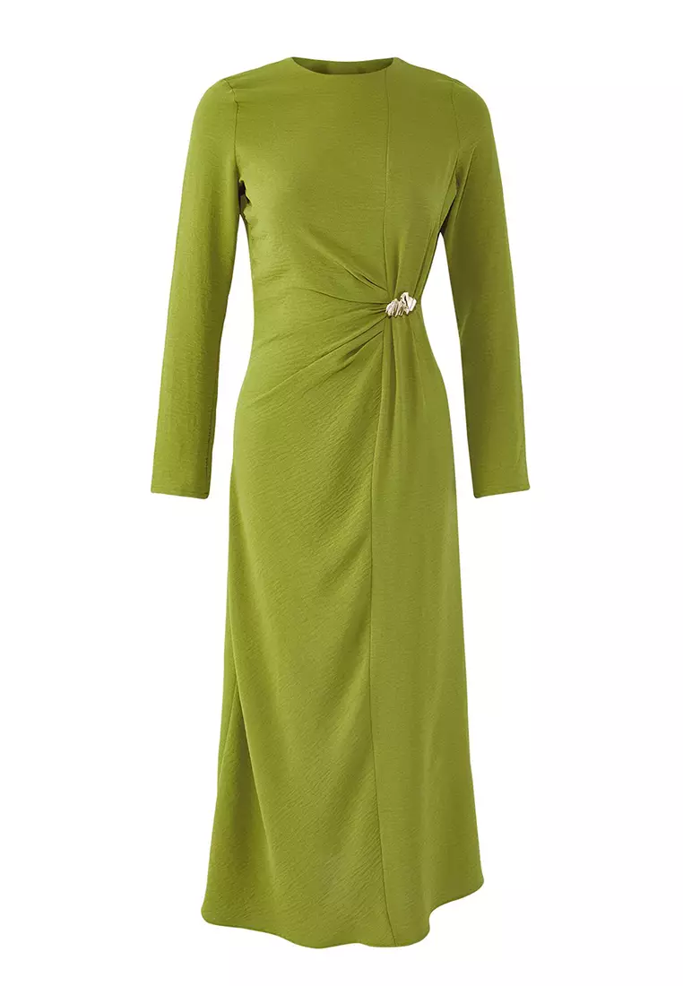 Khaki Gold Brooch Detailed Aerobin Woven Dress TCTSS25EB00138