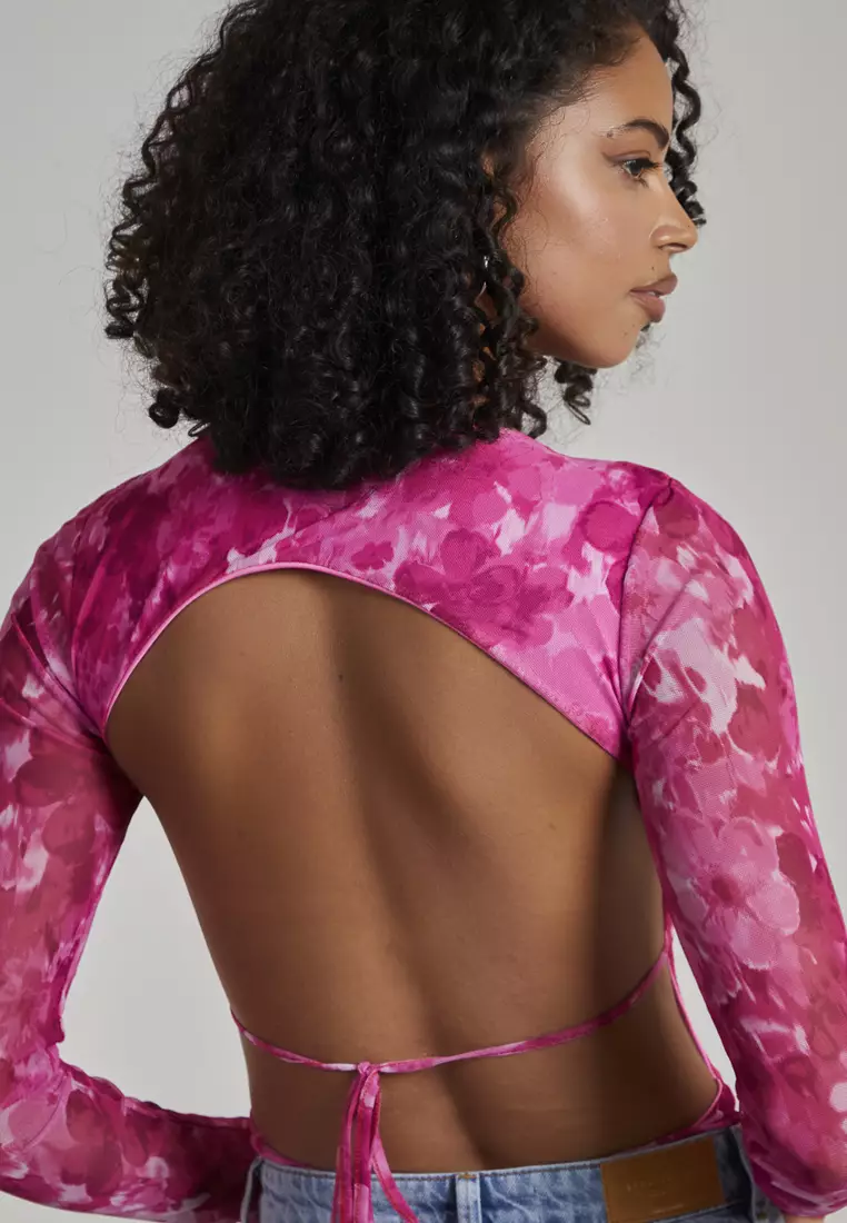 Pink Vanilla Hot Pink Graphic Floral Long Sleeve Bodysuit