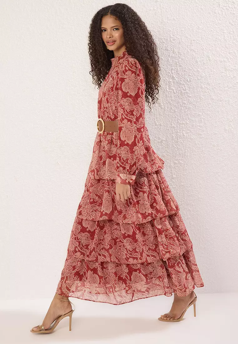 Cinnamon Stand Collar Patterned Belted Lined Chiffon Woven Dress TCTSS25EB00062