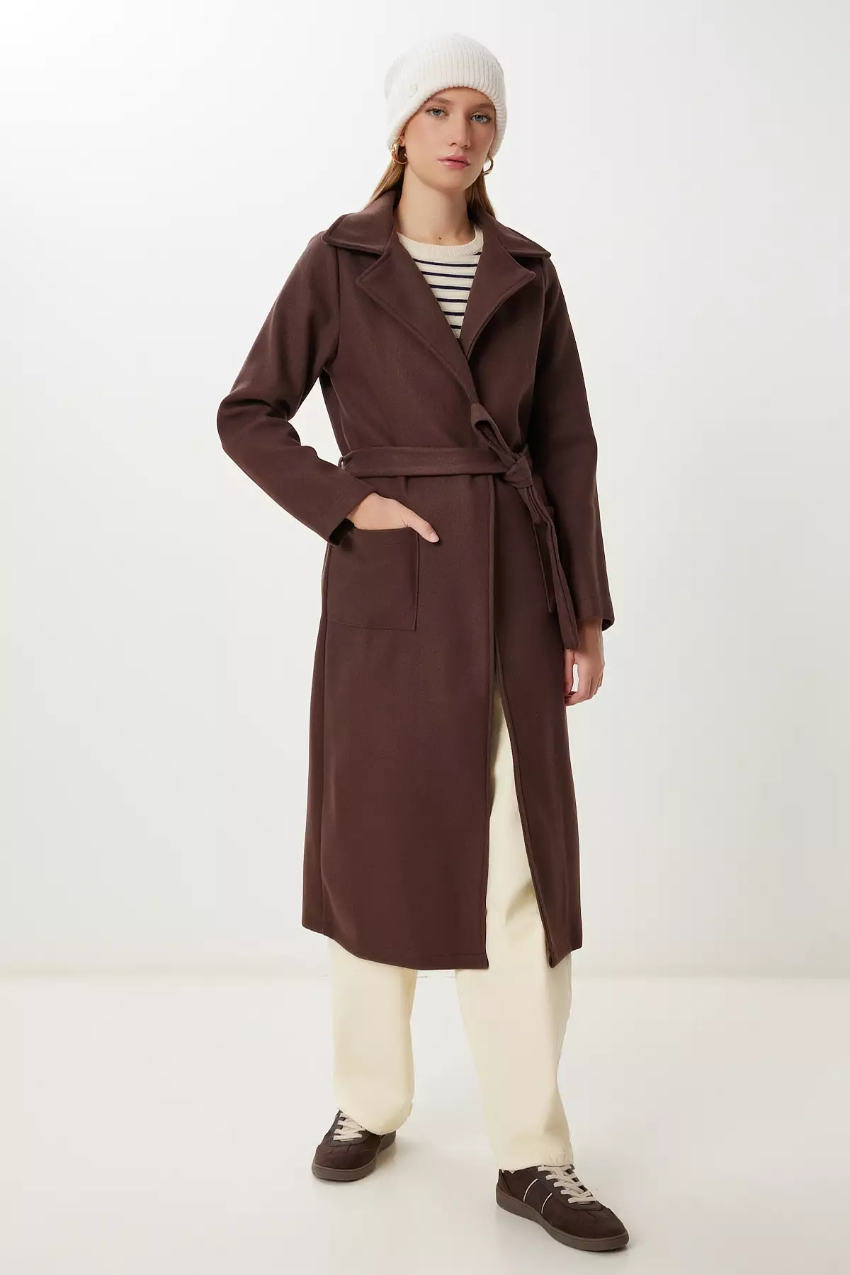 Women's Brown Double Breasted Collar Belted Cashmere Coat Mx00253